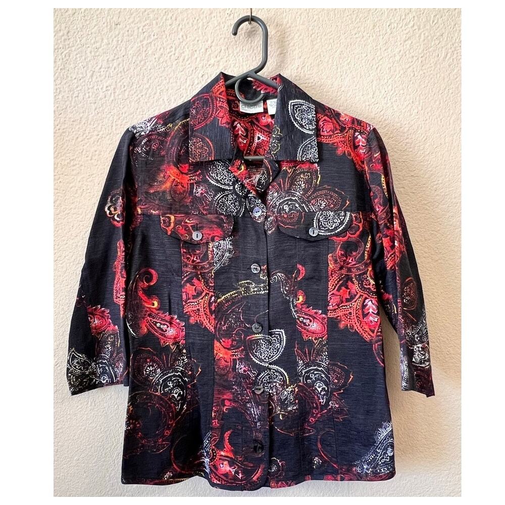 Vintage 90s Button Up Blouse Silk/Linen Paisley Floral Print